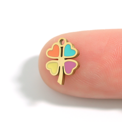18K Gold PVD Stainless Steel Epoxy Multi-Colored 4 Leaf Clover Charm