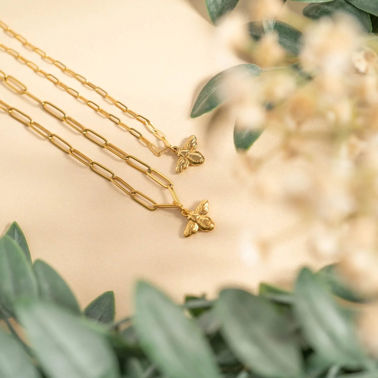 18K Gold PVD Stainless Steel Mommy & Me Bee Charm Necklace Set