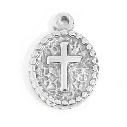 18K Gold PVD Stainless Steel Textured Medallion Cross Charm