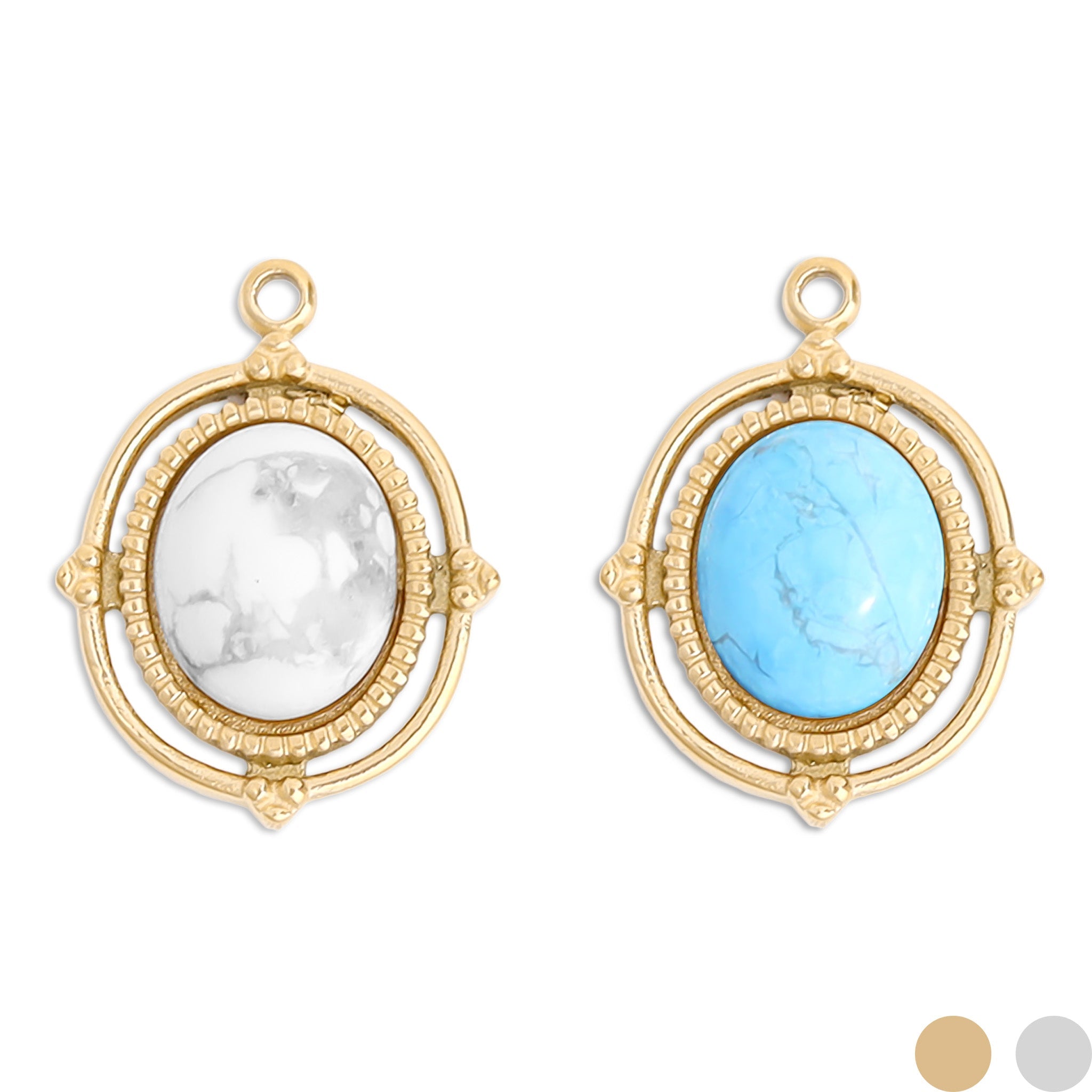 18K Gold PVD Stainless Steel Roped Frame Oval Semi Precious Stone Charm