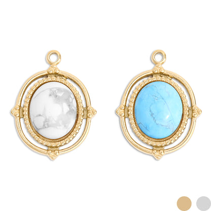 18K Gold PVD Stainless Steel Roped Frame Oval Semi Precious Stone Charm