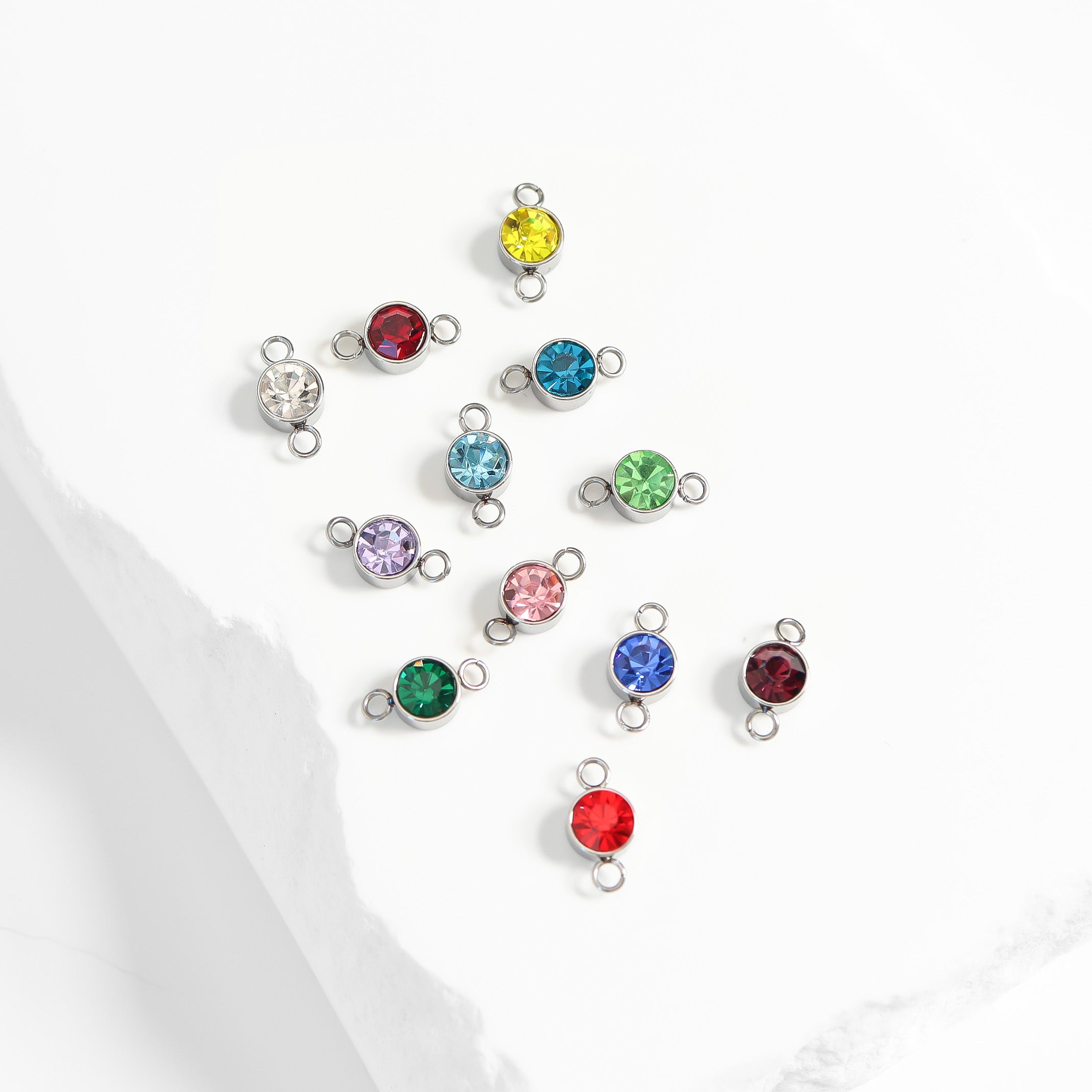 Stainless Steel Round Cubic Zirconia Birthstone Connector Charm