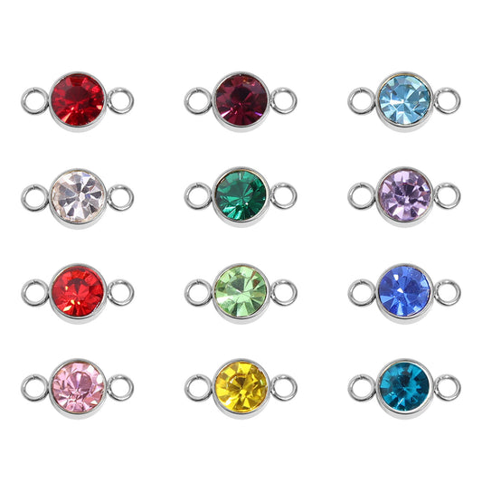 Stainless Steel Round Cubic Zirconia Birthstone Connector Charm