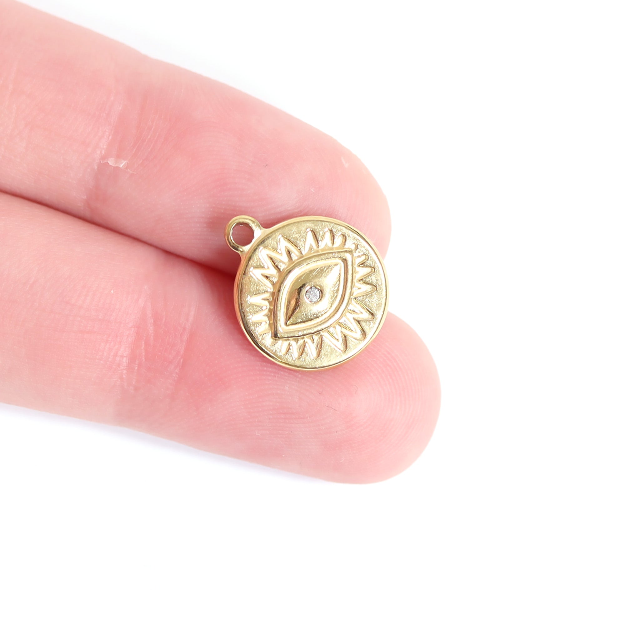 18K Gold PVD Stainless Steel Crystal Evil Eye Sun Disc Charm