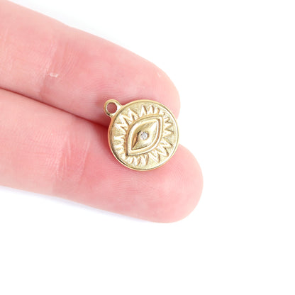 18K Gold PVD Stainless Steel Crystal Evil Eye Sun Disc Charm