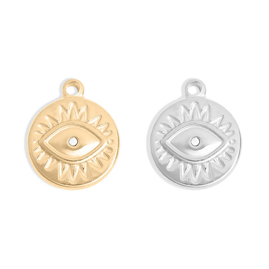 18K Gold PVD Stainless Steel Crystal Evil Eye Sun Disc Charm