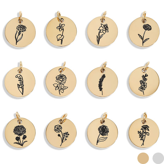 18K Gold PVD Stainless Steel Black Filled Birth Flower Pendant