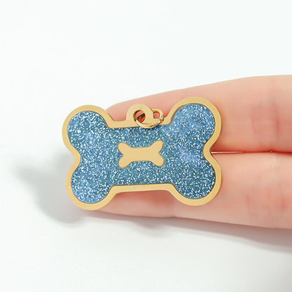 18K Gold PVD Stainless Steel Large Dog Bone Pet Tag With Glitter Epoxy