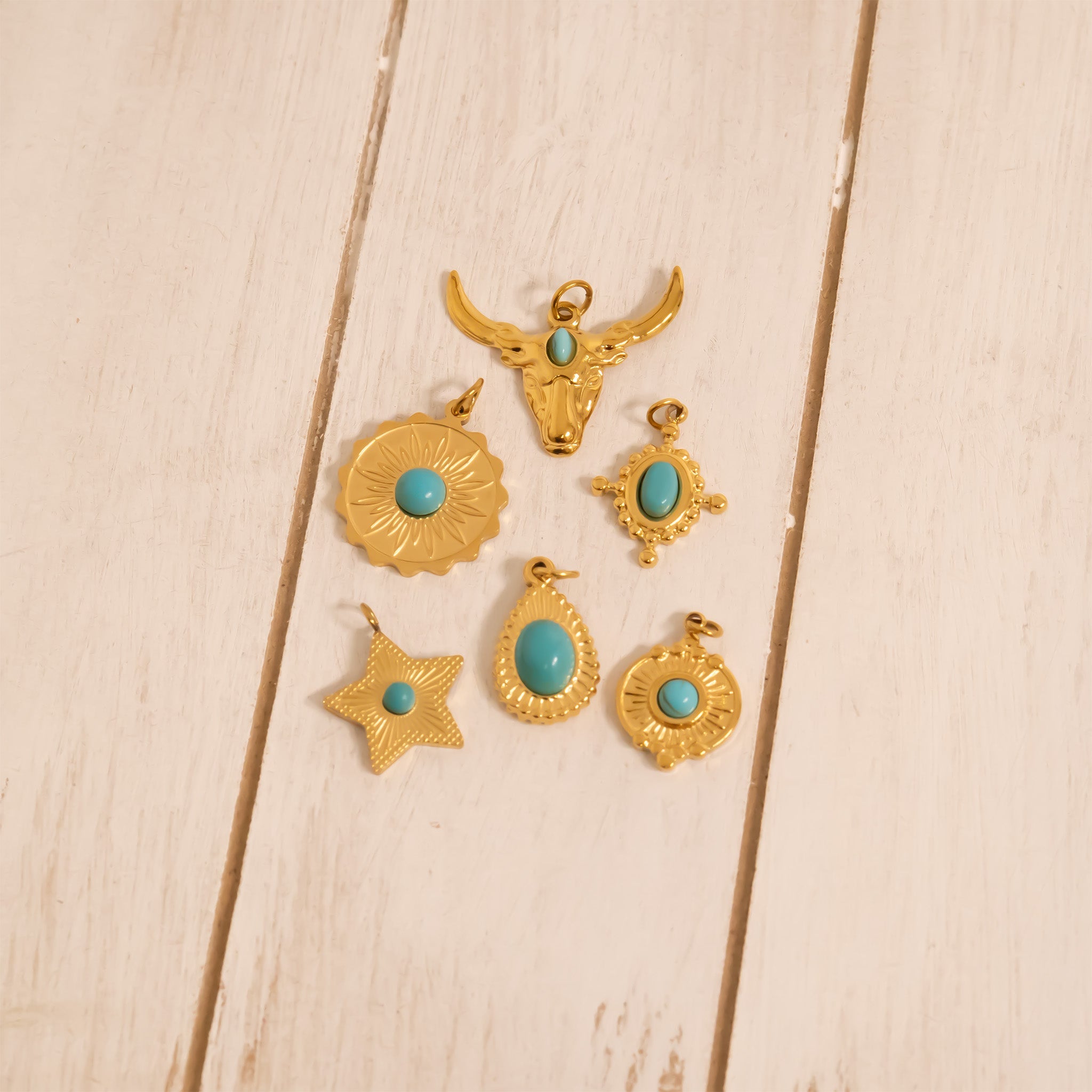 18K Gold PVD Stainless Steel Longhorn with Turquoise Charm