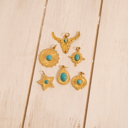 18K Gold PVD Stainless Steel Longhorn with Turquoise Charm
