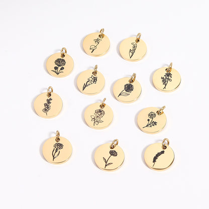 18K Gold PVD Stainless Steel Black Filled Birth Flower Pendant