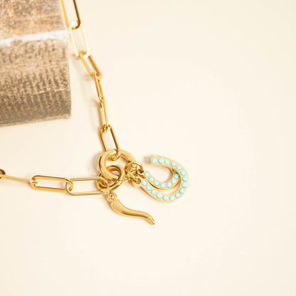 18K Gold PVD Stainless Steel Turquoise Stone Horseshoe Charm