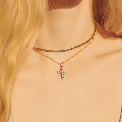 18K Gold PVD Stainless Steel Turquoise Stone Cross Charm