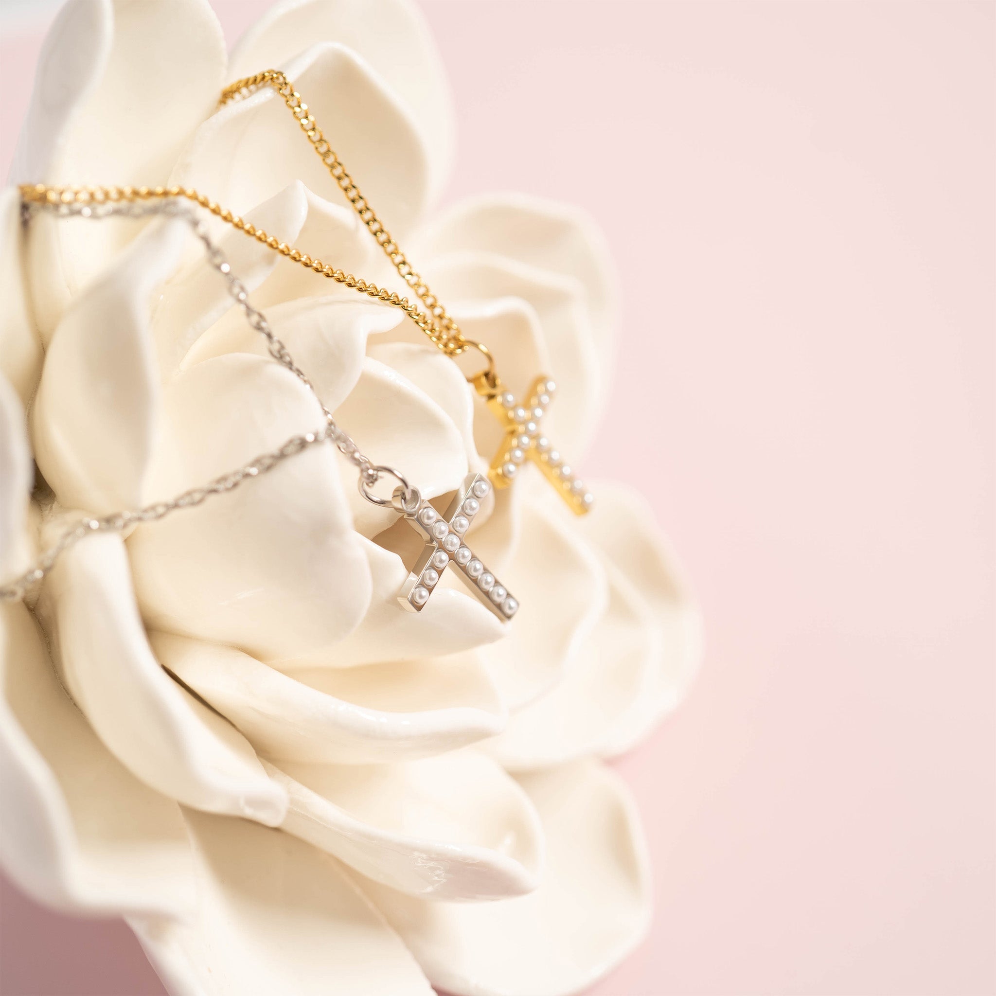 18K Gold PVD Stainless Steel Pearl Cross Charm