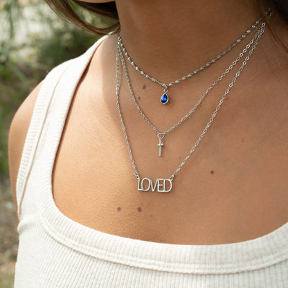 18K Gold PVD Stainless Steel "Loved" Layered Cross Charm Necklace