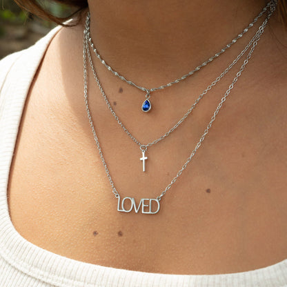 18K Gold PVD Stainless Steel "Loved" Layered Cross Charm Necklace