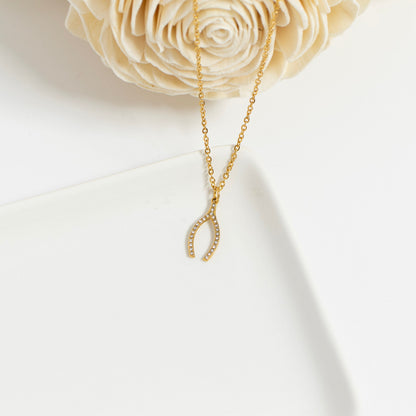 18K Gold PVD Stainless Steel Rhinestone Wishbone Charm