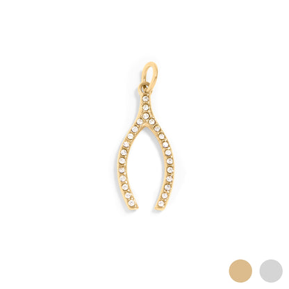 18K Gold PVD Stainless Steel Rhinestone Wishbone Charm