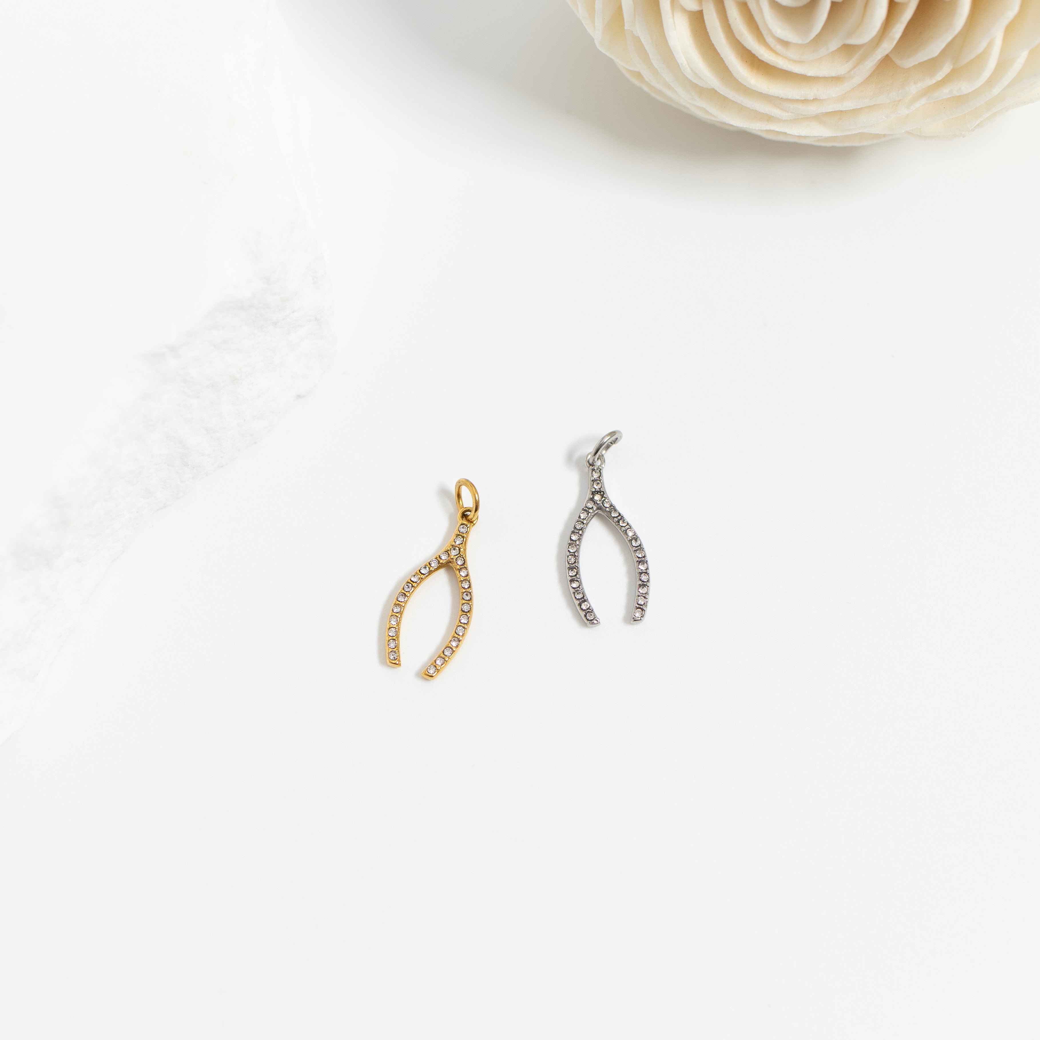 18K Gold PVD Stainless Steel Rhinestone Wishbone Charm