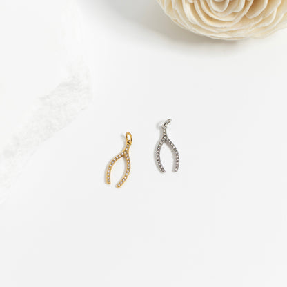 18K Gold PVD Stainless Steel Rhinestone Wishbone Charm