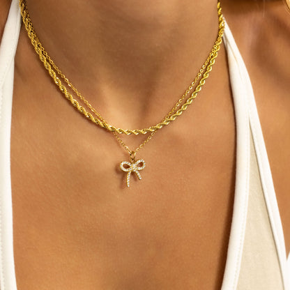 18K Gold PVD Stainless Steel Rhinestone Bow Charm