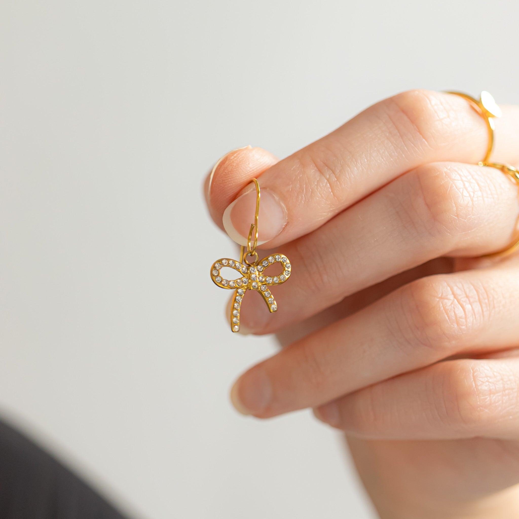 18K Gold PVD Stainless Steel Rhinestone Bow Charm
