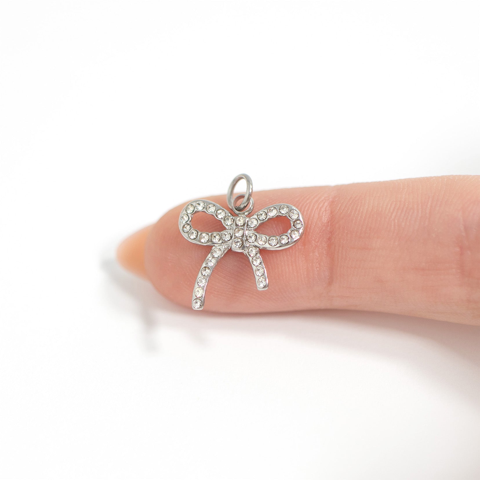 18K Gold PVD Stainless Steel Rhinestone Bow Charm