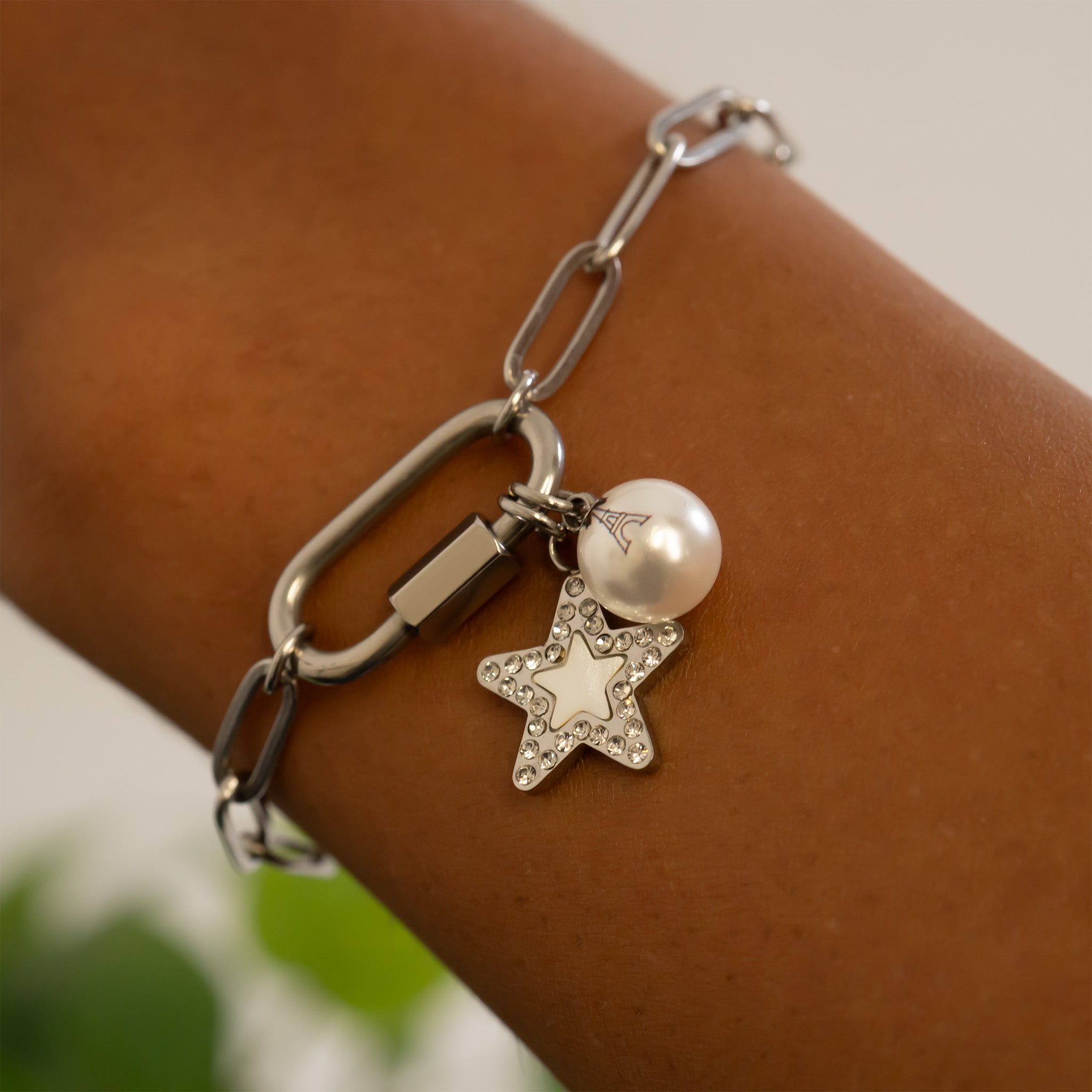 18K Gold PVD Stainless Steel Pearl Star Charm