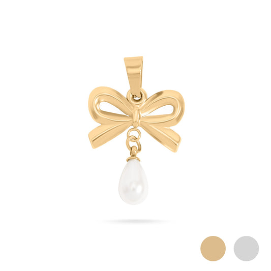 18K Gold PVD Stainless Steel Freshwater Pearl Bow Charm