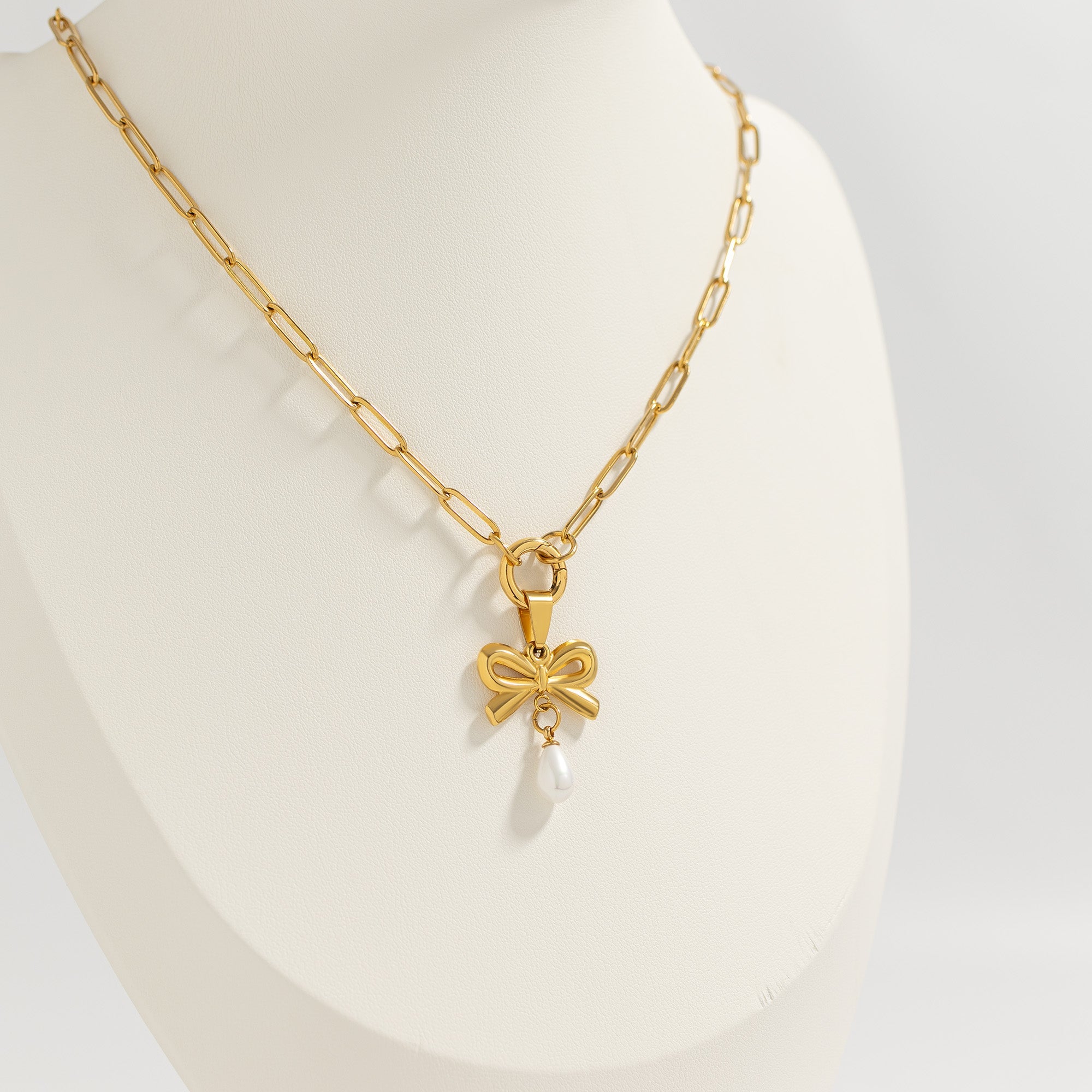 18K Gold PVD Stainless Steel Freshwater Pearl Bow Charm