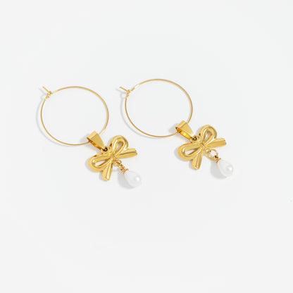 18K Gold PVD Stainless Steel Freshwater Pearl Bow Charm