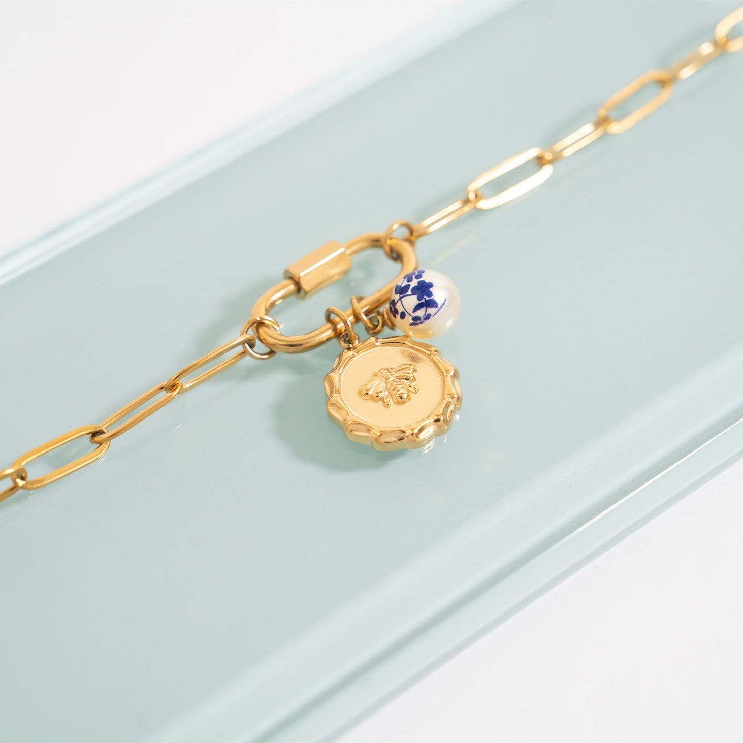 18K Gold PVD Stainless Steel Floral Printed Pearl