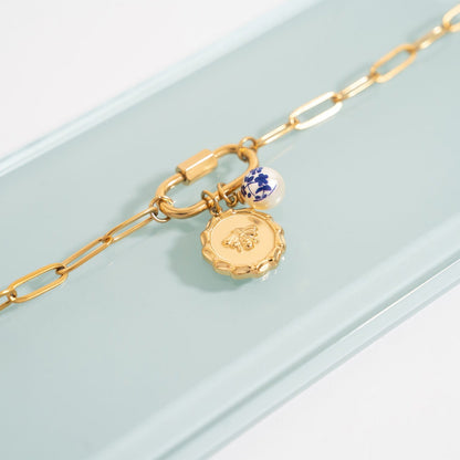 18K Gold PVD Stainless Steel Floral Printed Pearl