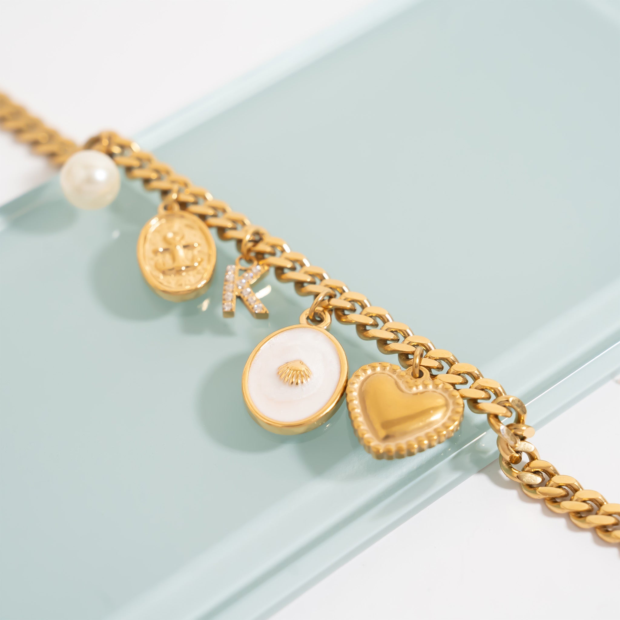 18K Gold PVD Stainless Steel Beaded Trim Heart Charm