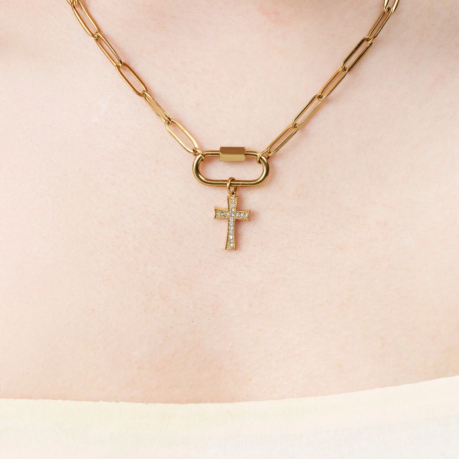 18K Gold PVD Stainless Steel Stone Cross Charm