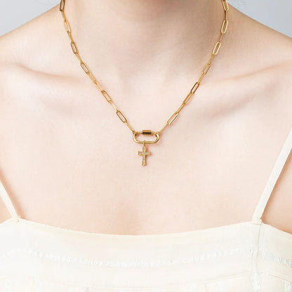 18K Gold PVD Stainless Steel Stone Cross Charm