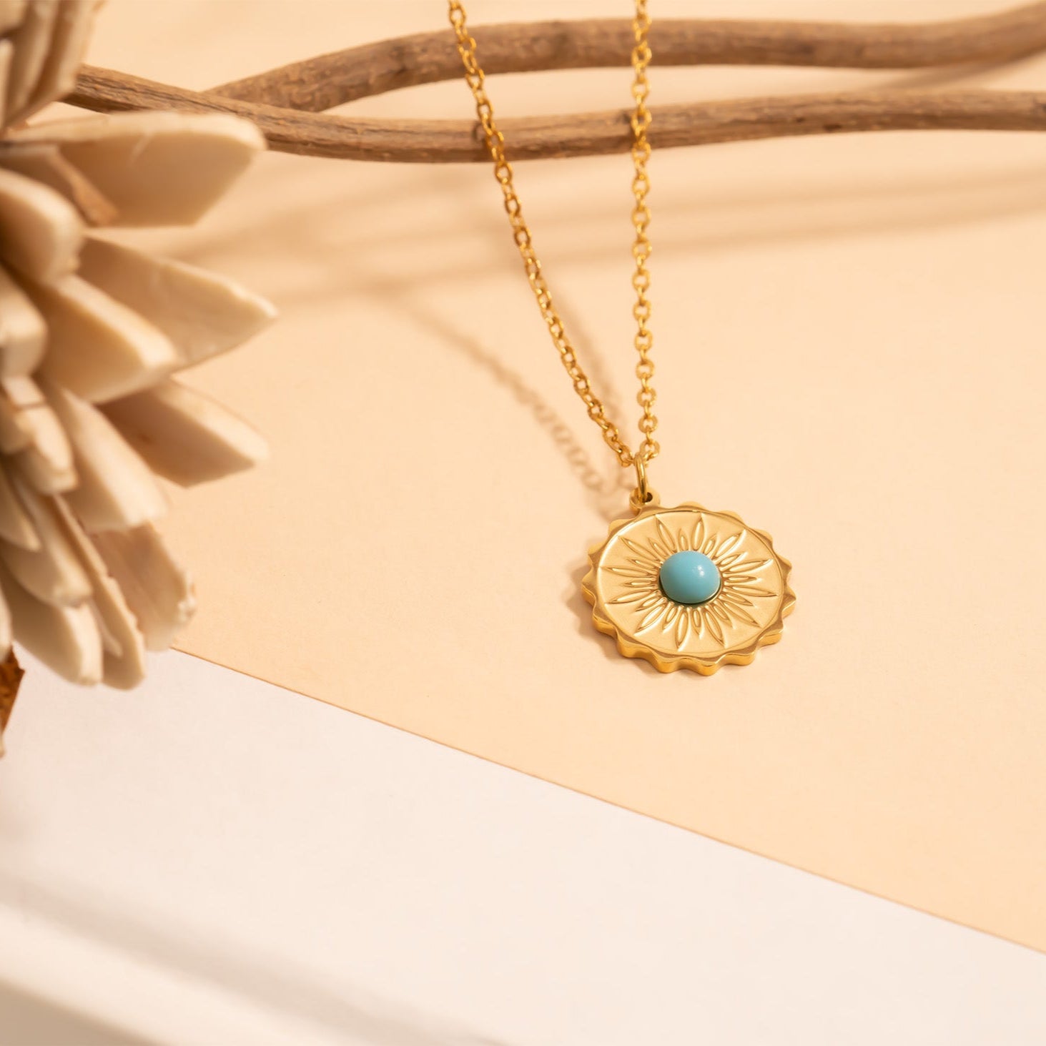 18K Gold PVD Stainless Steel Flower Turquoise Center Pendant