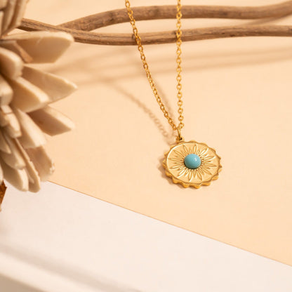 18K Gold PVD Stainless Steel Flower Turquoise Center Pendant