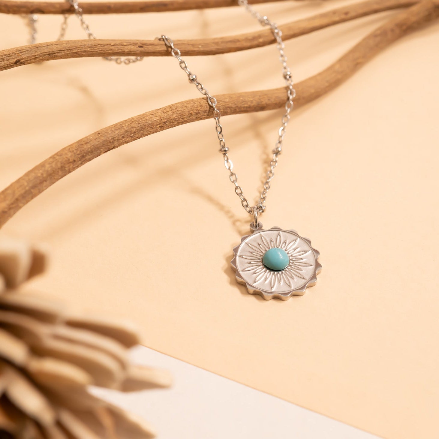 18K Gold PVD Stainless Steel Flower Turquoise Center Pendant