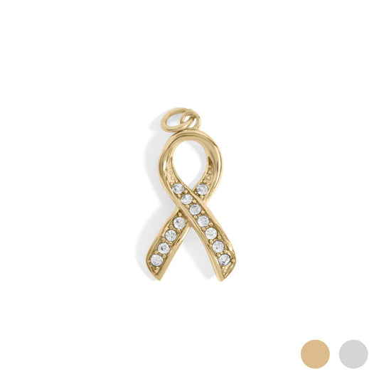18K Gold PVD Stainless Steel Cancer Ribbon with Stones