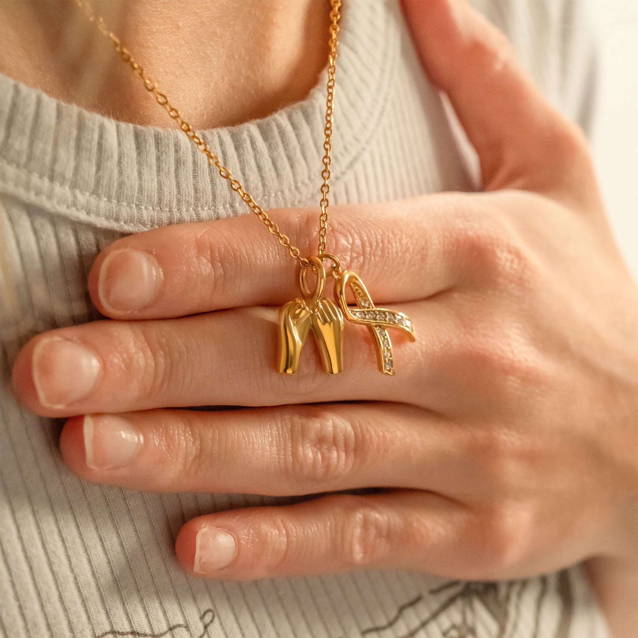 18K Gold PVD Stainless Steel Cancer Ribbon with Stones
