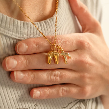 18K Gold PVD Stainless Steel Cancer Ribbon with Stones
