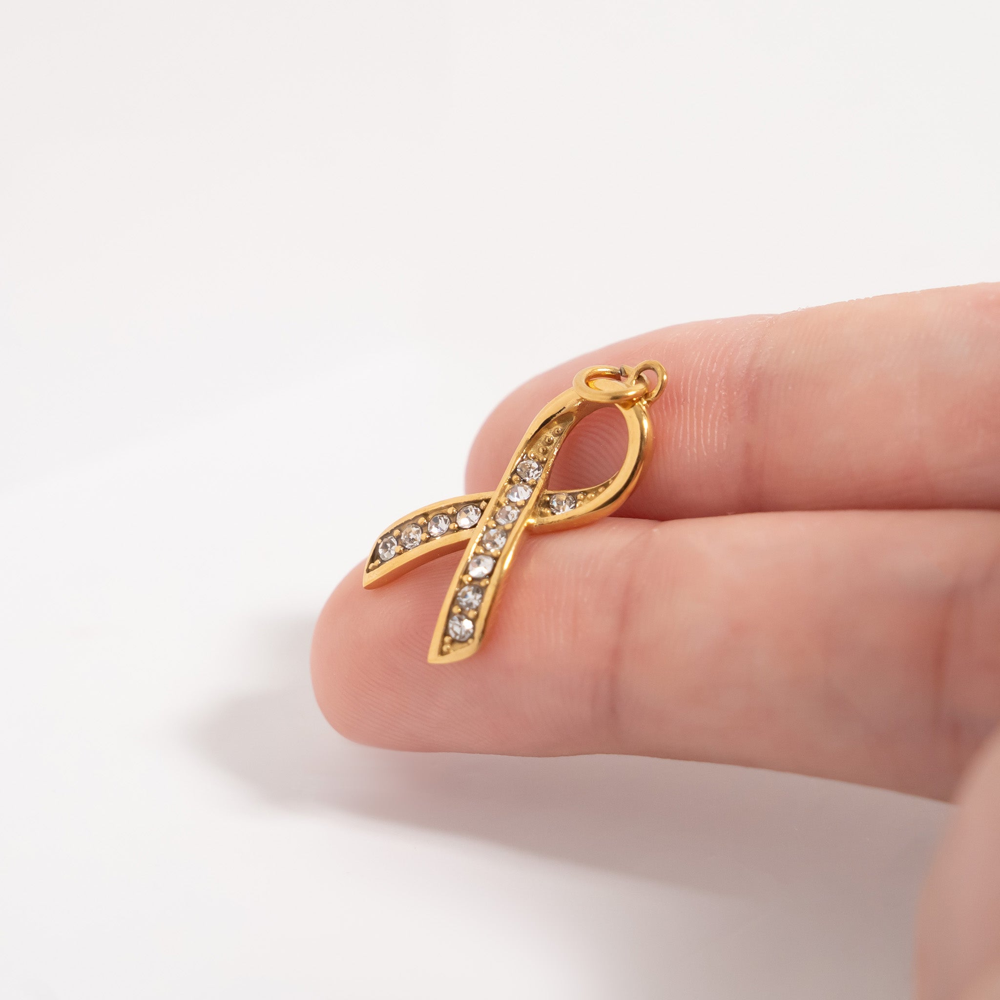 18K Gold PVD Stainless Steel Cancer Ribbon with Stones