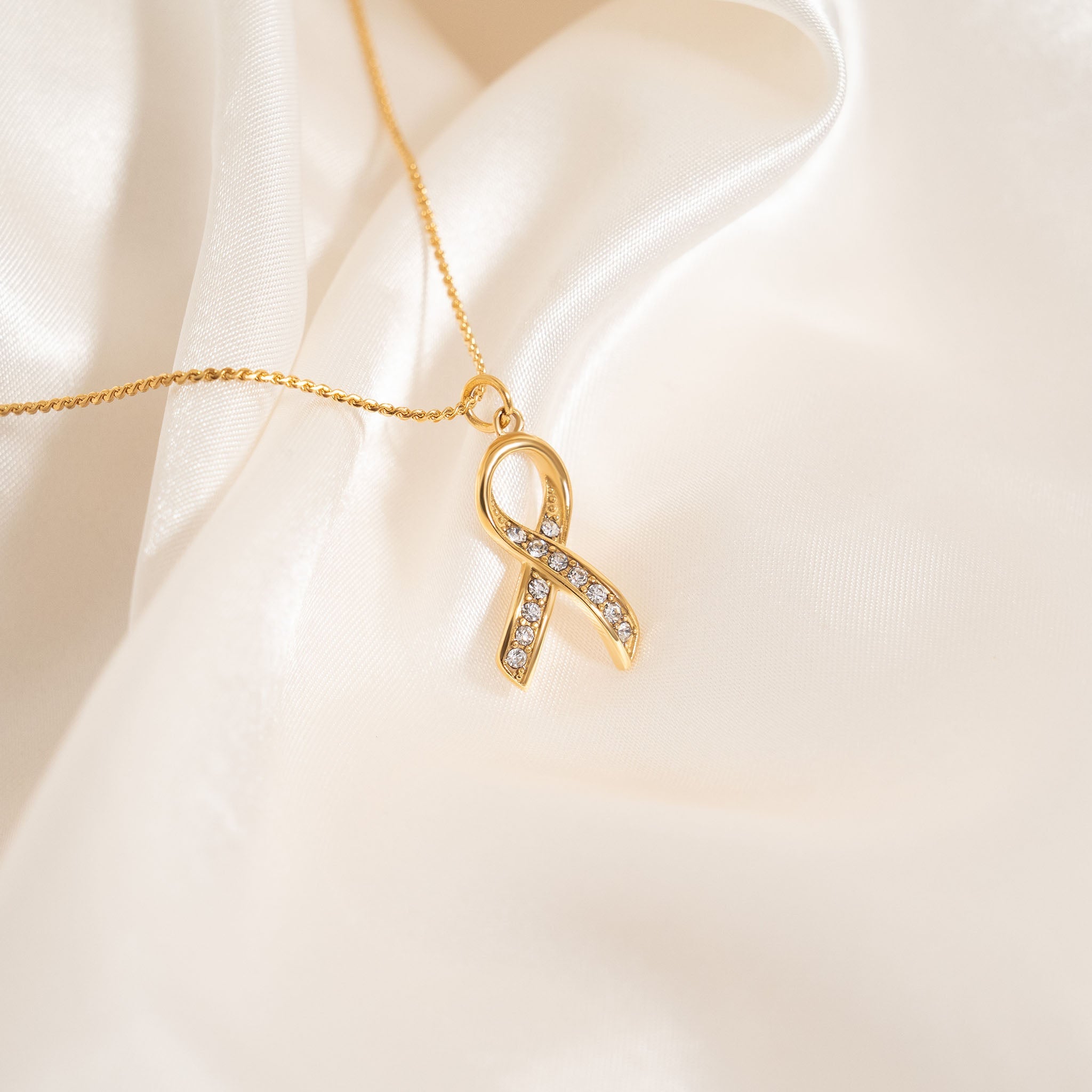 18K Gold PVD Stainless Steel Cancer Ribbon with Stones