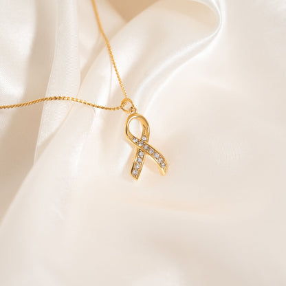18K Gold PVD Stainless Steel Cancer Ribbon with Stones