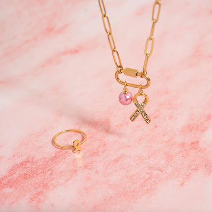 18K Gold PVD Stainless Steel Cancer Ribbon with Stones