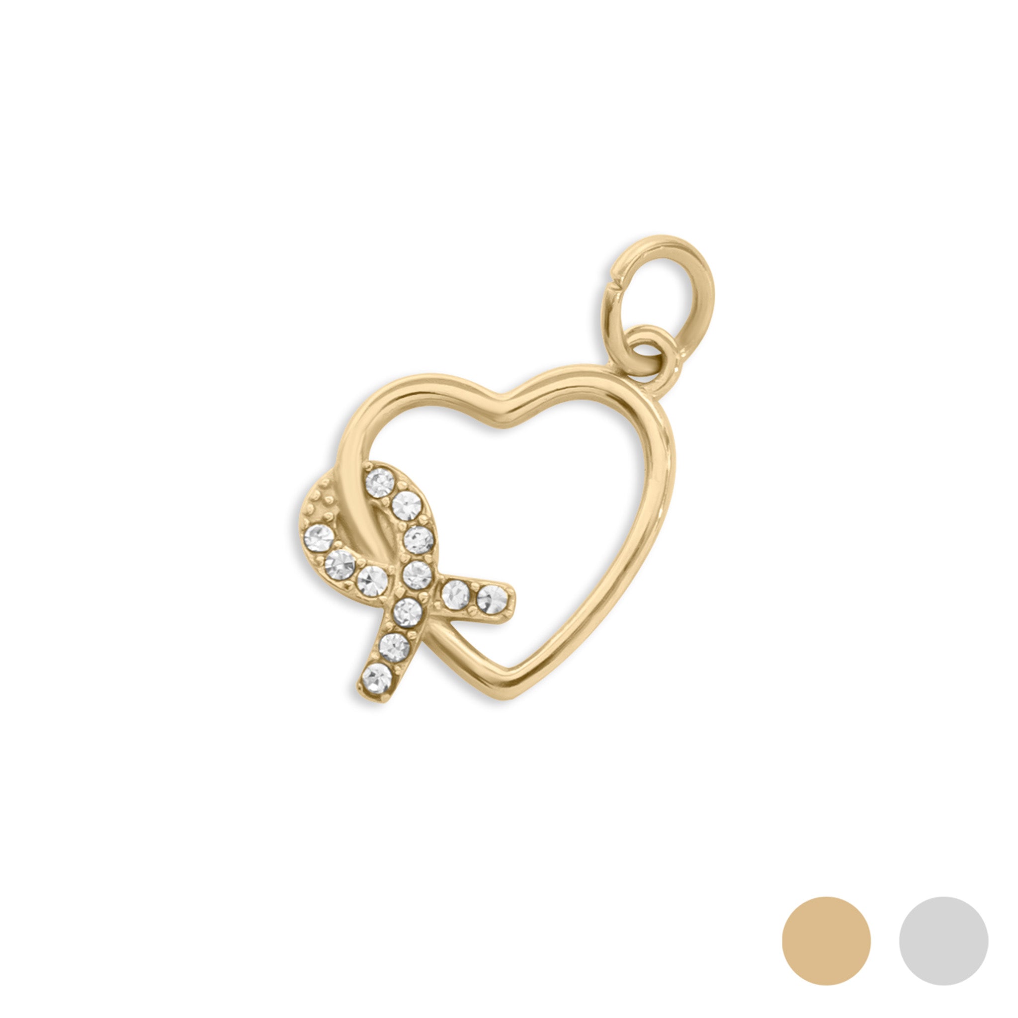 18K Gold PVD Stainless Steel Heart Ribbon with Stones Charm