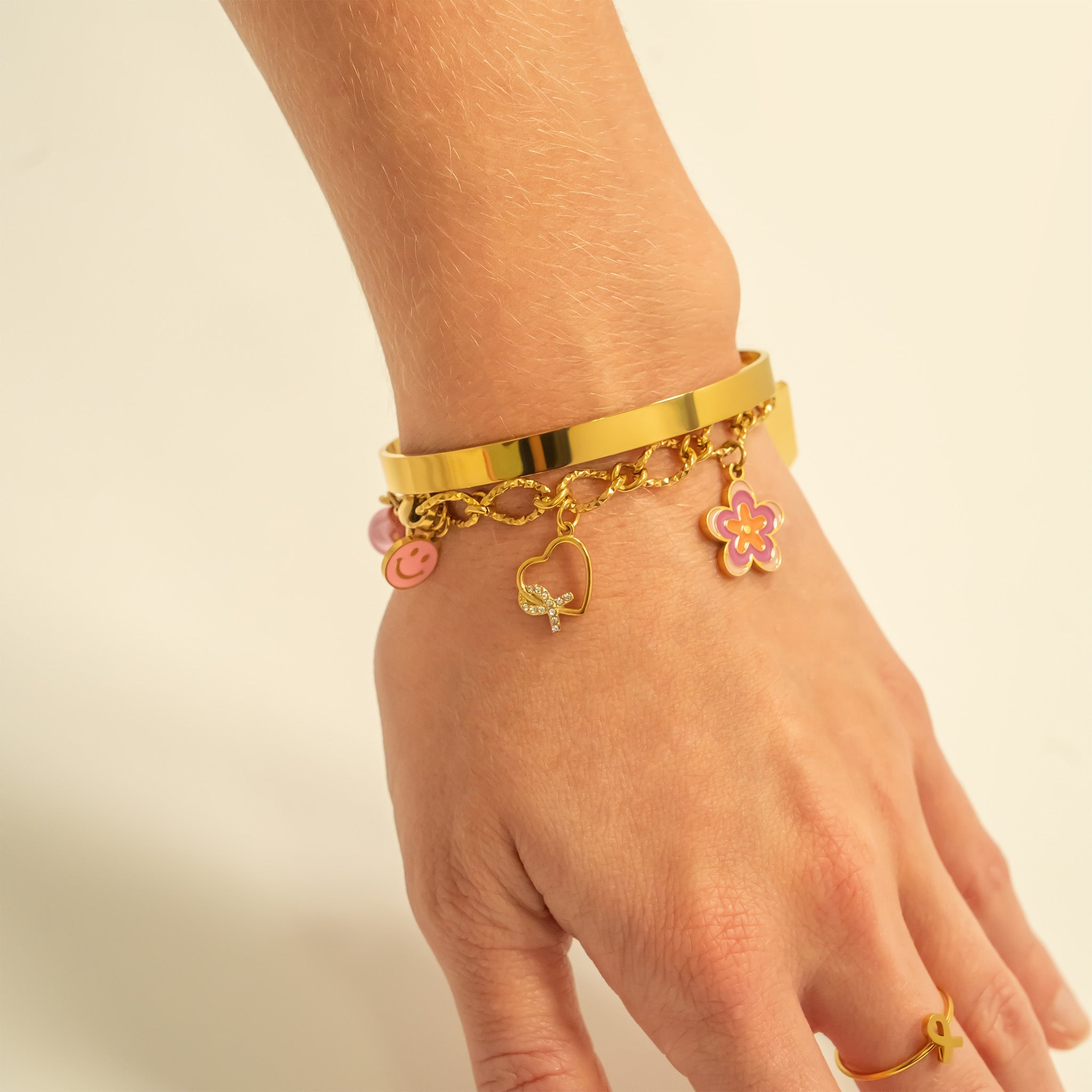 18K Gold PVD Stainless Steel Heart Ribbon with Stones Charm