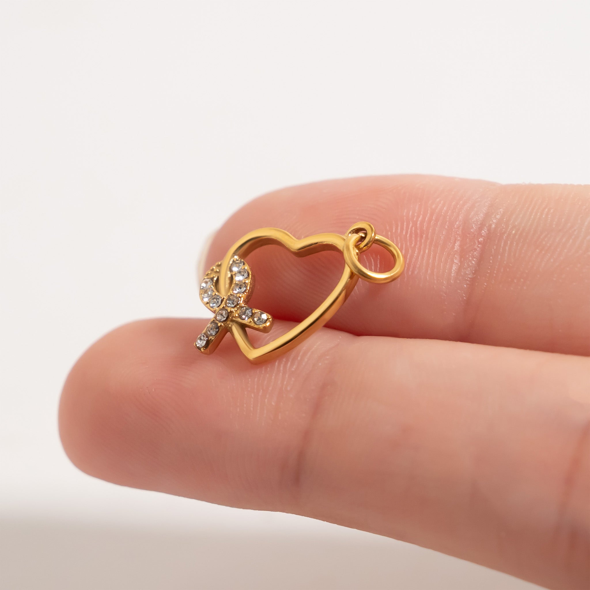 18K Gold PVD Stainless Steel Heart Ribbon with Stones Charm