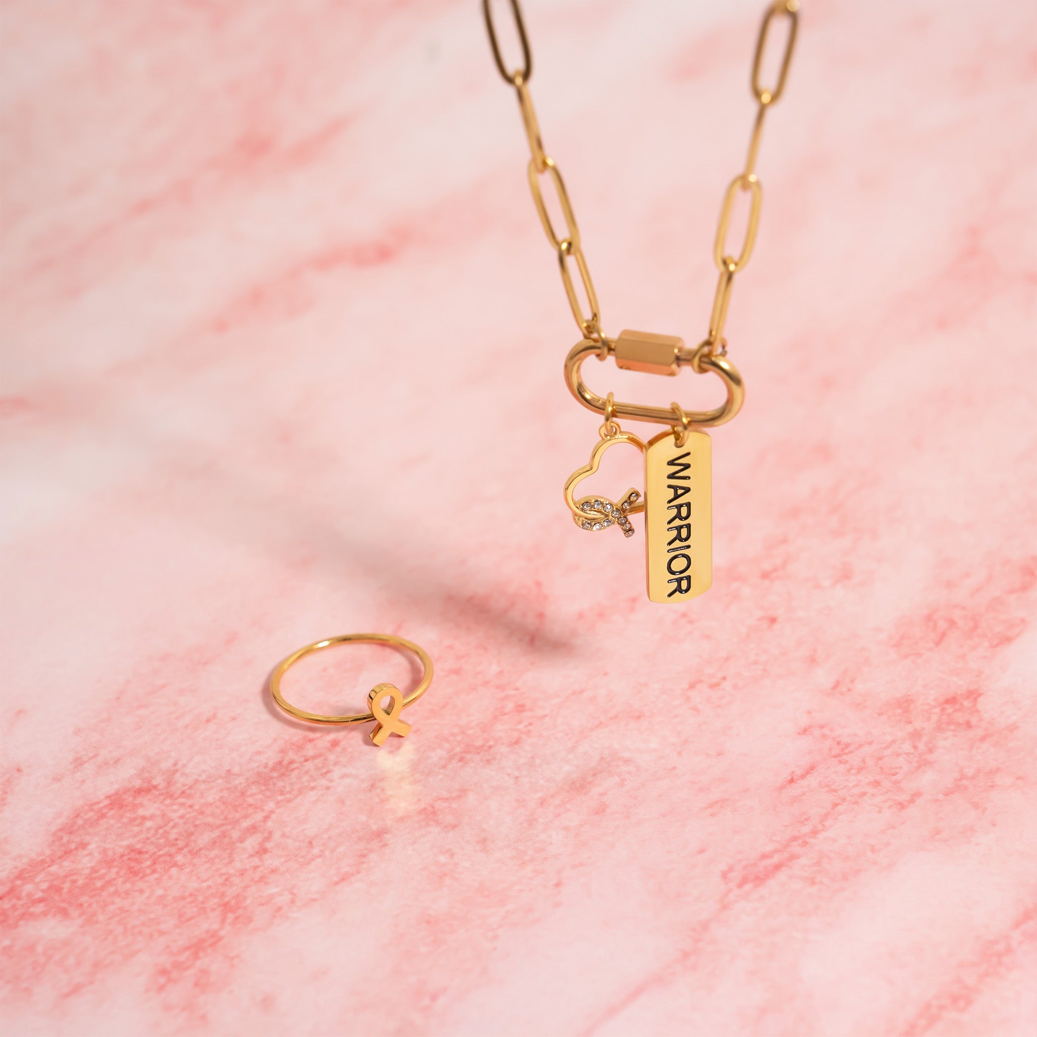 18K Gold PVD Stainless Steel Heart Ribbon with Stones Charm
